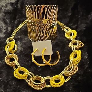 Gold Link Bead 20" Necklace with Matching Hoop Earrings and Cuff